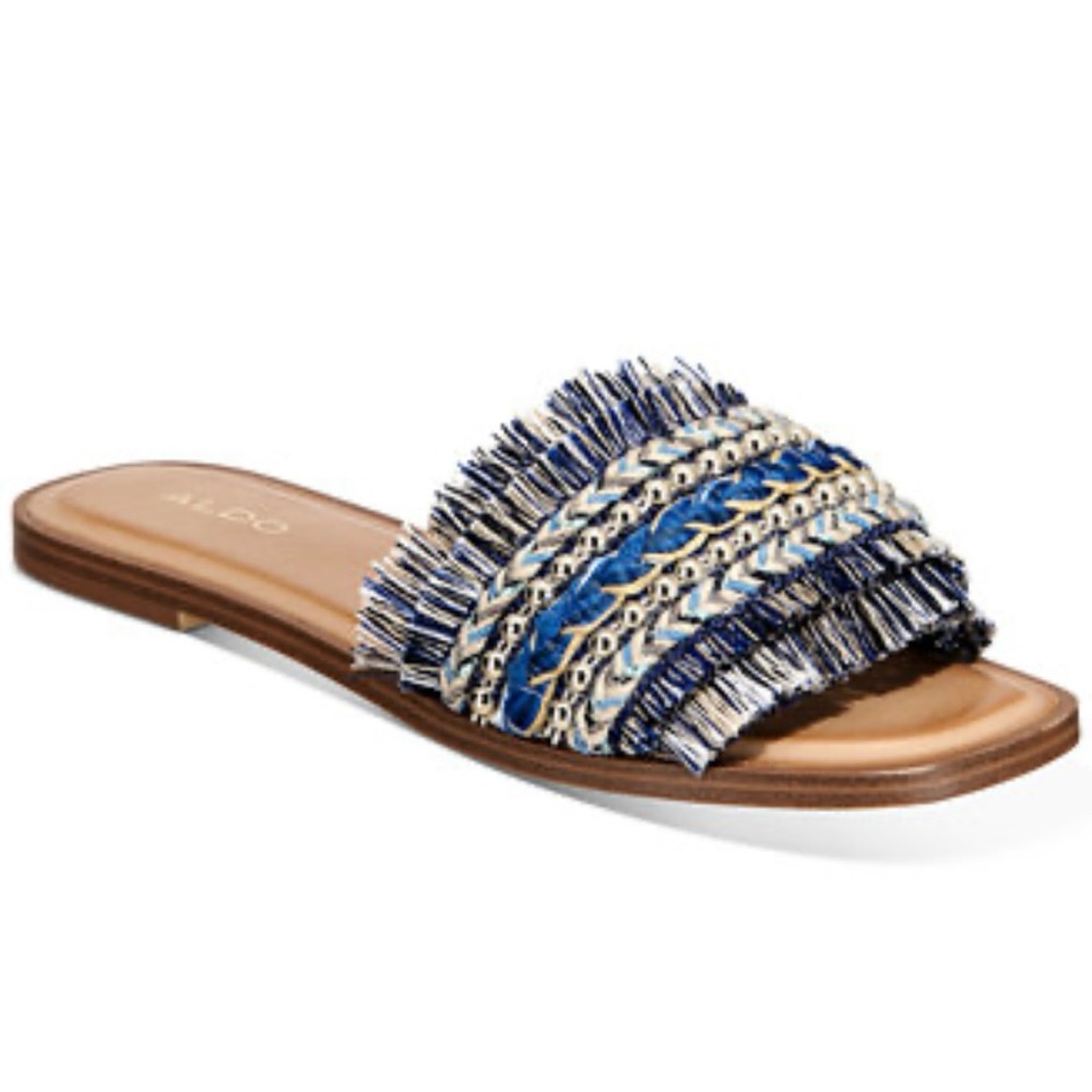 ALDO Rockky Fringe Slides Sandals Flats Blue Beige Size 7.5 M